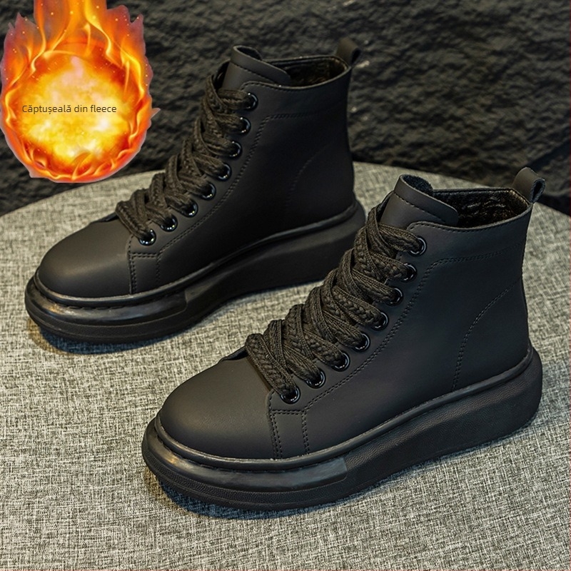 Pantofi sport dama deasupra gleznelor din piele naturală cu talpă groasă, partea superioară din piele naturală, înălțime medie, închidere cu șiret, purtare zilnică