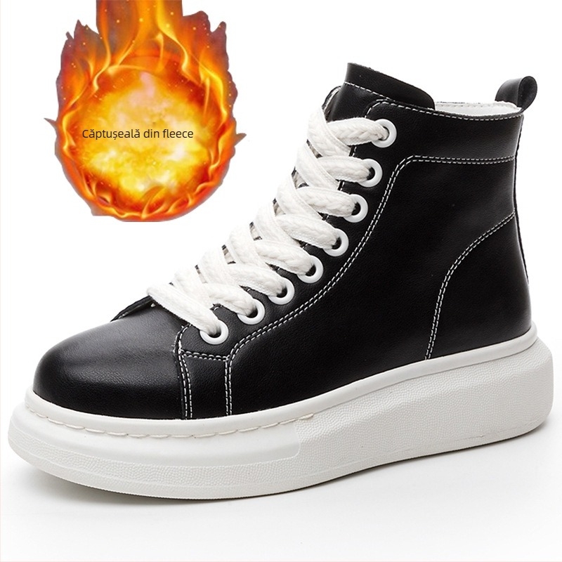 Pantofi sport dama deasupra gleznelor din piele naturală cu talpă groasă, partea superioară din piele naturală, înălțime medie, închidere cu șiret, purtare zilnică