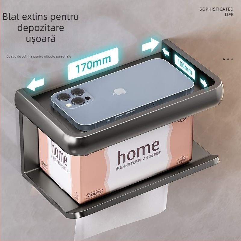 Suport montat pe perete pentru hârtie igienică și raft de depozitare – oțel carbon, formă rotundă, finisaj vopsit, stil Light Luxury, Four Seasons Ai