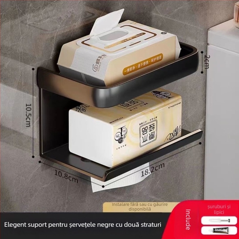 Suport montat pe perete pentru hârtie igienică și raft de depozitare – oțel carbon, formă rotundă, finisaj vopsit, stil Light Luxury, Four Seasons Ai