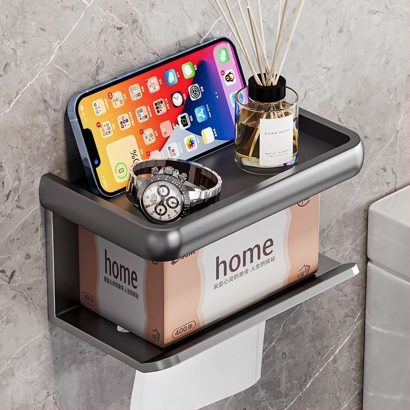 Suport montat pe perete pentru hârtie igienică și raft de depozitare – oțel carbon, formă rotundă, finisaj vopsit, stil Light Luxury, Four Seasons Ai