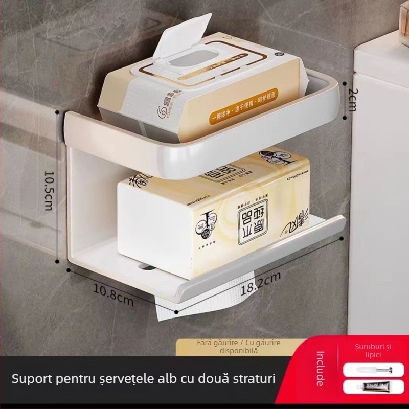 Suport montat pe perete pentru hârtie igienică și raft de depozitare – oțel carbon, formă rotundă, finisaj vopsit, stil Light Luxury, Four Seasons Ai