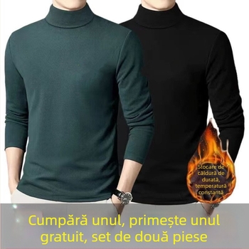 Tricou termic de bază pentru bărbați, căptușit cu fleece, mâneci lungi, guler rotund, croială lejeră, amestec poliester