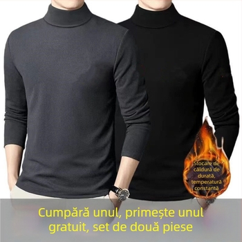 Tricou termic de bază pentru bărbați, căptușit cu fleece, mâneci lungi, guler rotund, croială lejeră, amestec poliester