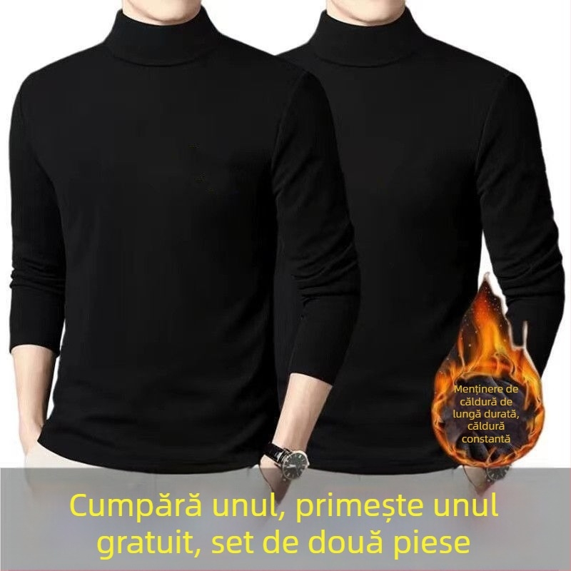 Tricou termic de bază pentru bărbați, căptușit cu fleece, mâneci lungi, guler rotund, croială lejeră, amestec poliester