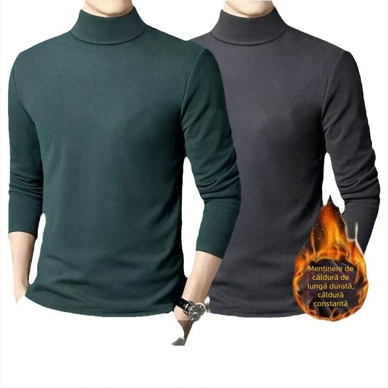 Tricou termic de bază pentru bărbați, căptușit cu fleece, mâneci lungi, guler rotund, croială lejeră, amestec poliester