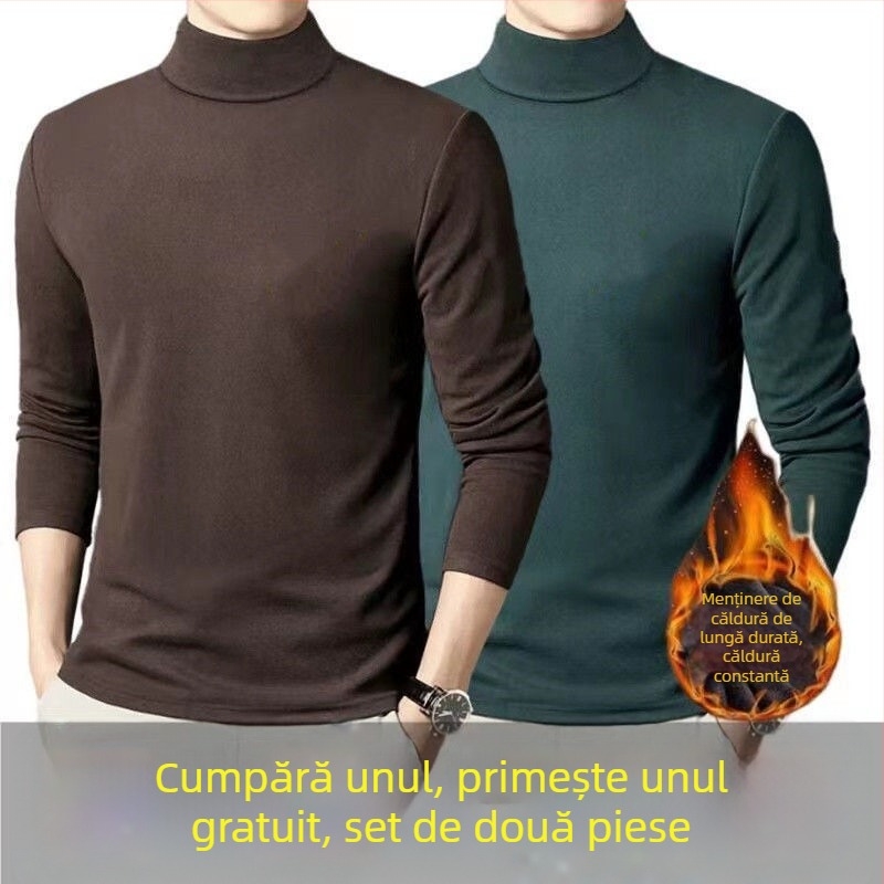 Tricou termic de bază pentru bărbați, căptușit cu fleece, mâneci lungi, guler rotund, croială lejeră, amestec poliester