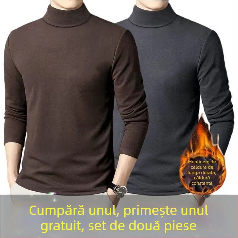 Tricou termic de bază pentru bărbați, căptușit cu fleece, mâneci lungi, guler rotund, croială lejeră, amestec poliester