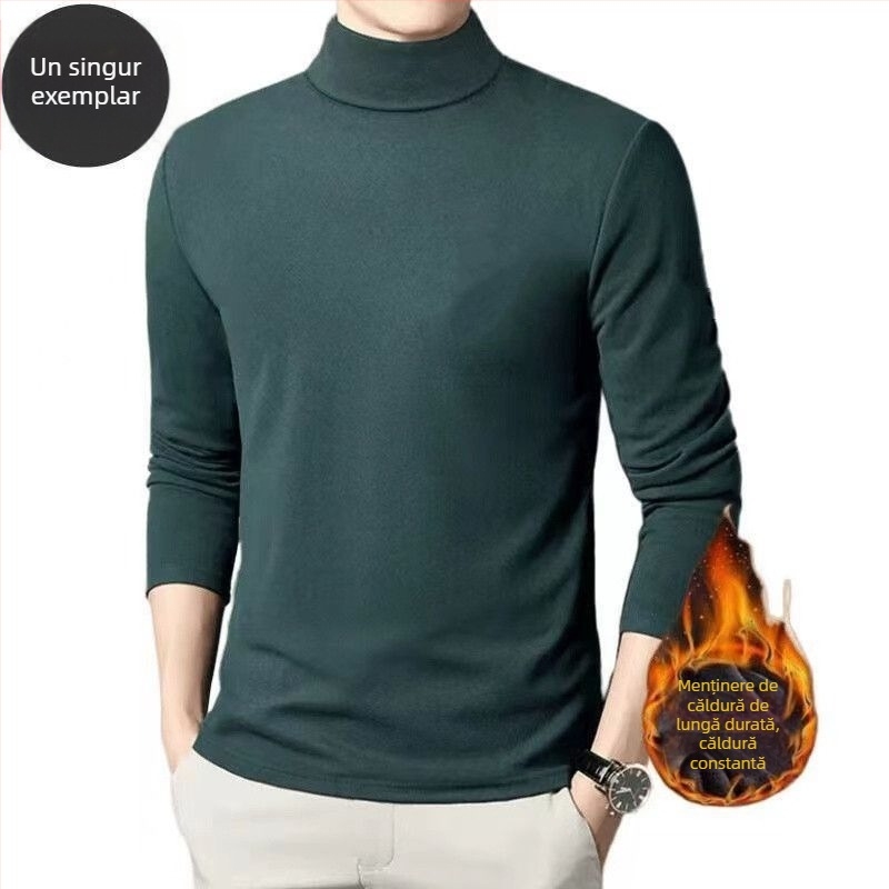 Tricou termic de bază pentru bărbați, căptușit cu fleece, mâneci lungi, guler rotund, croială lejeră, amestec poliester