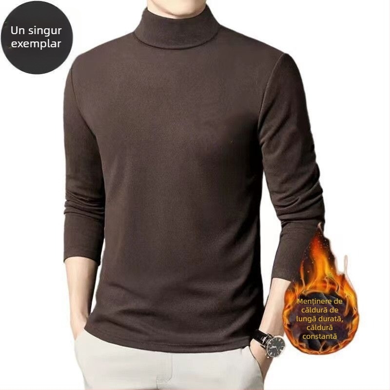 Tricou termic de bază pentru bărbați, căptușit cu fleece, mâneci lungi, guler rotund, croială lejeră, amestec poliester