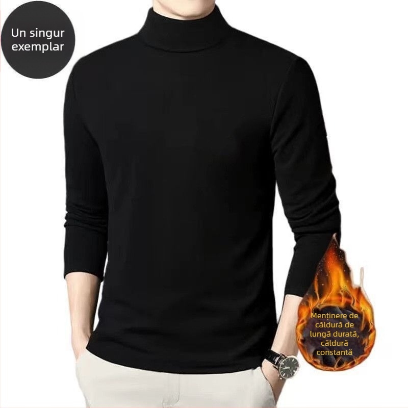 Tricou termic de bază pentru bărbați, căptușit cu fleece, mâneci lungi, guler rotund, croială lejeră, amestec poliester