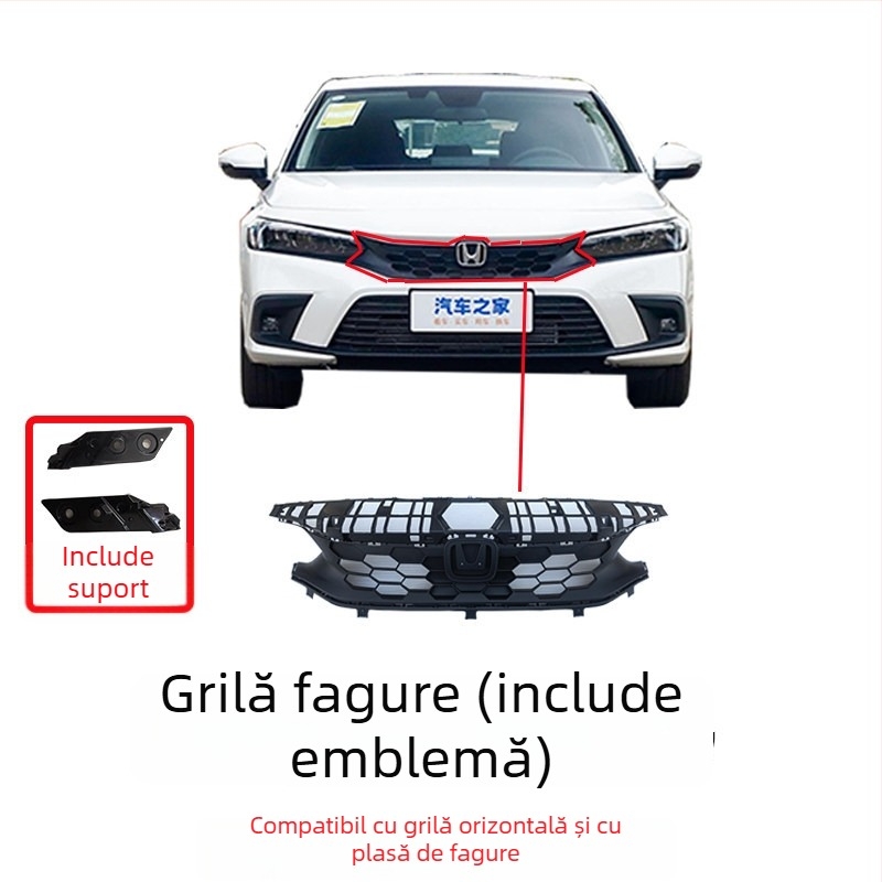 Grilă de radiator cu plasă hexagonală pentru Honda Civic 11-a generație, construcție metalică, compatibilă cu transmisie MT, potrivire originală din fabrică