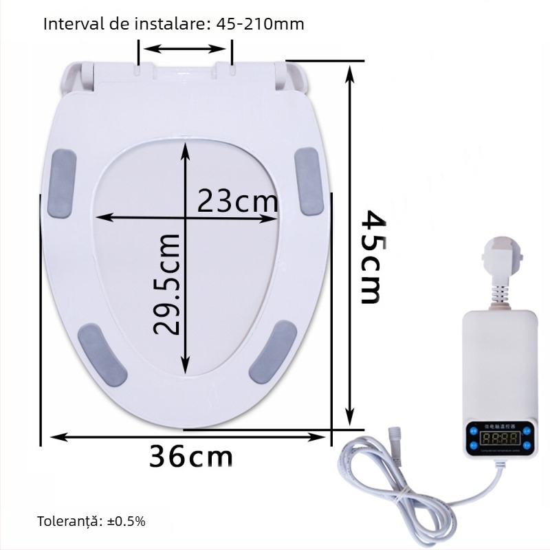 Șezut de toaletă cu încălzire prin termostat, design mare în formă U, încălzire electrică cu temperatură constantă, material PP, distanță reglabilă a găurilor de montaj 12–17 cm