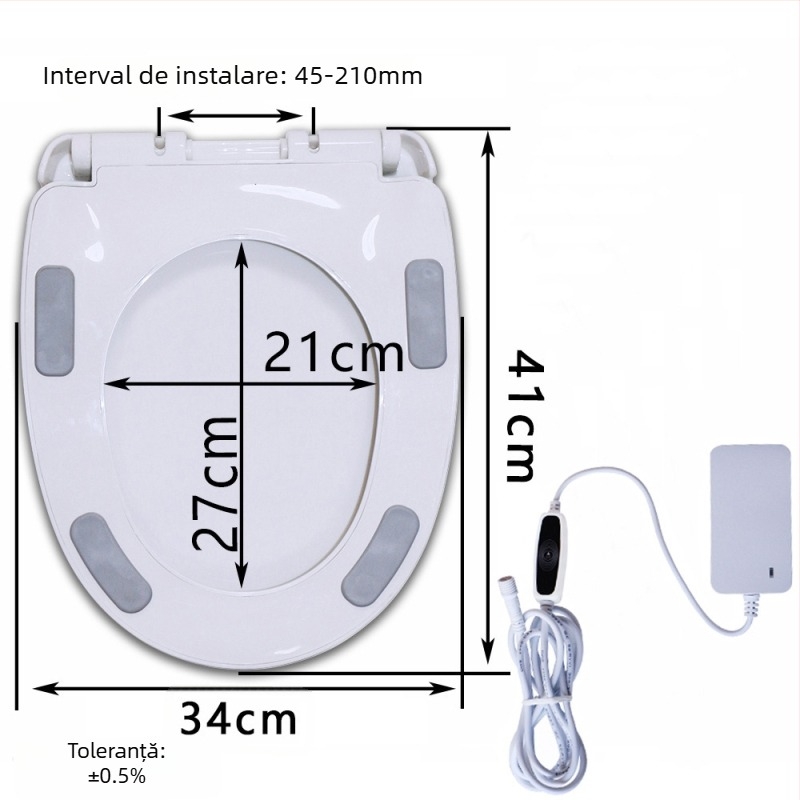 Șezut de toaletă cu încălzire prin termostat, design mare în formă U, încălzire electrică cu temperatură constantă, material PP, distanță reglabilă a găurilor de montaj 12–17 cm