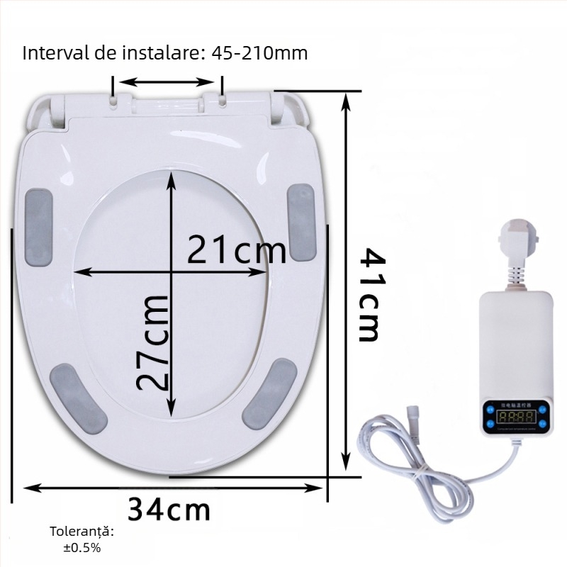 Șezut de toaletă cu încălzire prin termostat, design mare în formă U, încălzire electrică cu temperatură constantă, material PP, distanță reglabilă a găurilor de montaj 12–17 cm