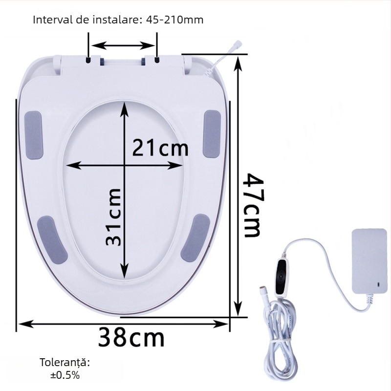 Șezut de toaletă cu încălzire prin termostat, design mare în formă U, încălzire electrică cu temperatură constantă, material PP, distanță reglabilă a găurilor de montaj 12–17 cm