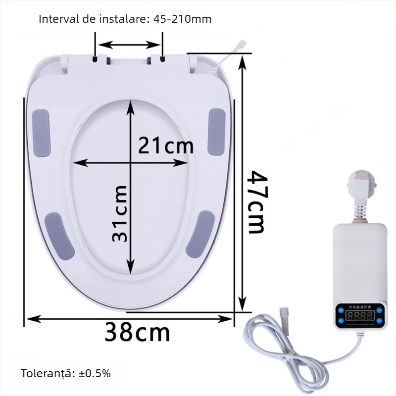 Șezut de toaletă cu încălzire prin termostat, design mare în formă U, încălzire electrică cu temperatură constantă, material PP, distanță reglabilă a găurilor de montaj 12–17 cm