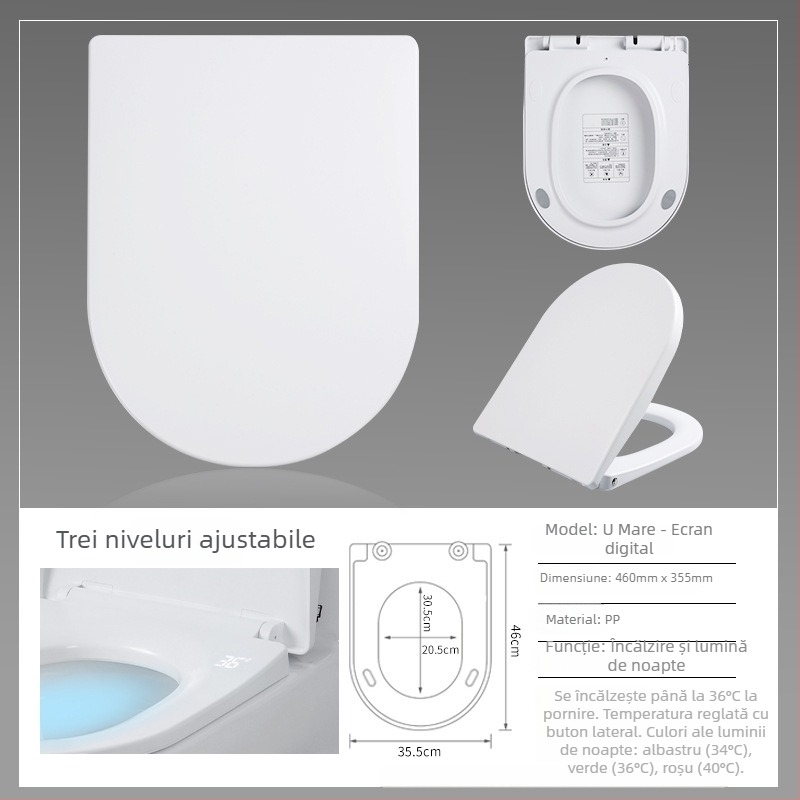 Scaun de toaletă inteligent cu temperatură constantă, panou PP, distanța dintre găuri reglabilă, stil minimalist, fără telecomandă.