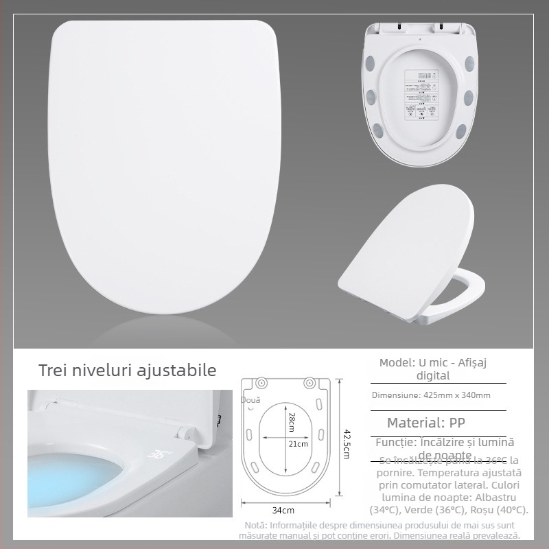 Scaun de toaletă inteligent cu temperatură constantă, panou PP, distanța dintre găuri reglabilă, stil minimalist, fără telecomandă.
