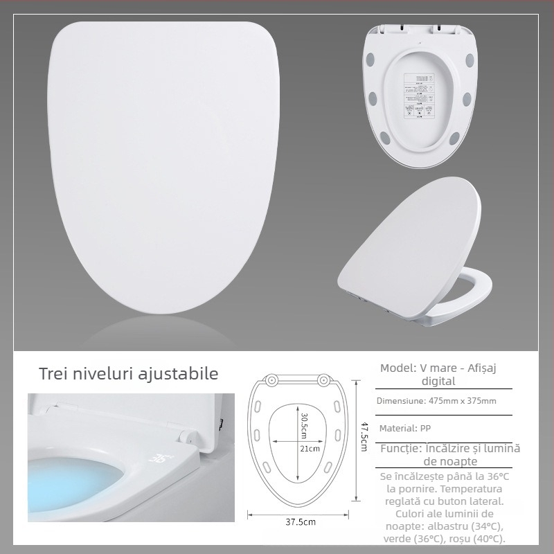 Scaun de toaletă inteligent cu temperatură constantă, panou PP, distanța dintre găuri reglabilă, stil minimalist, fără telecomandă.