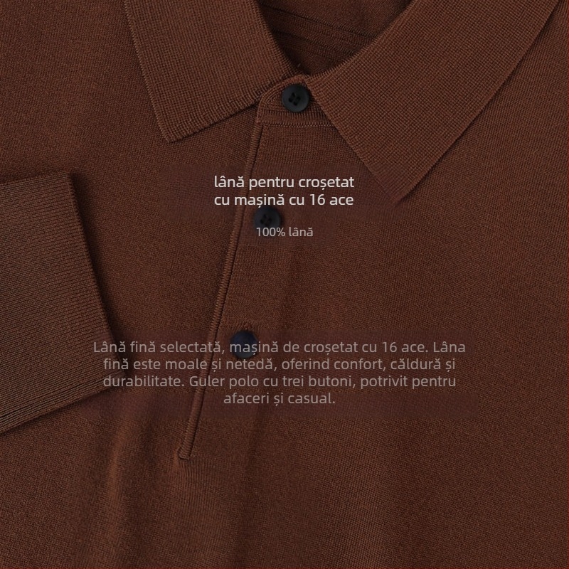 Pulover bărbătesc din lână 100% fină, croială Slim, guler Turn-down, lavabil în mașină, tiv ribat