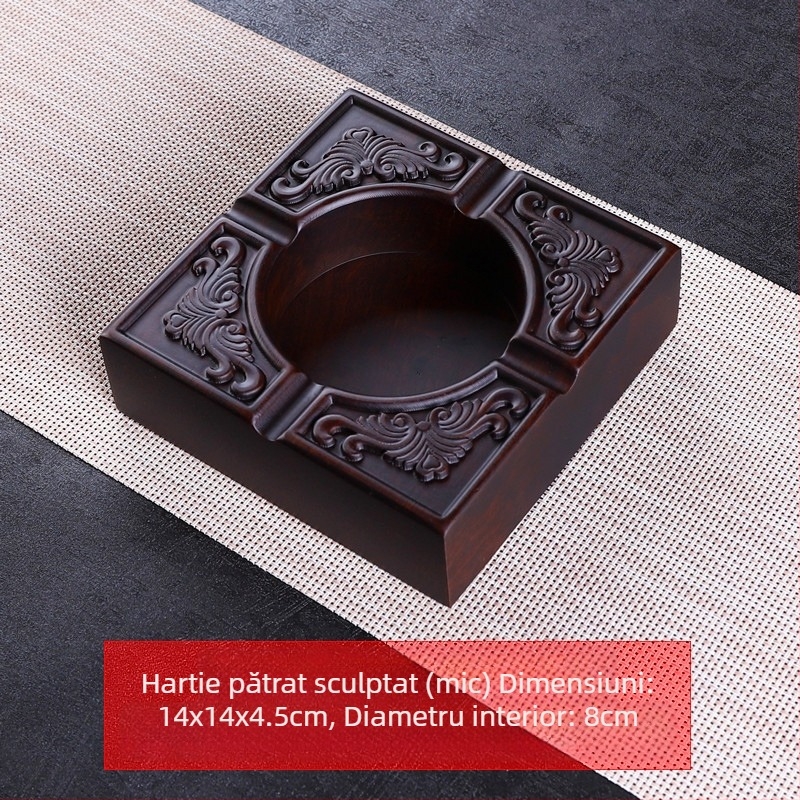 Scrumieră din lemn de abanos cu capac, lemn gravat pentru decor de living