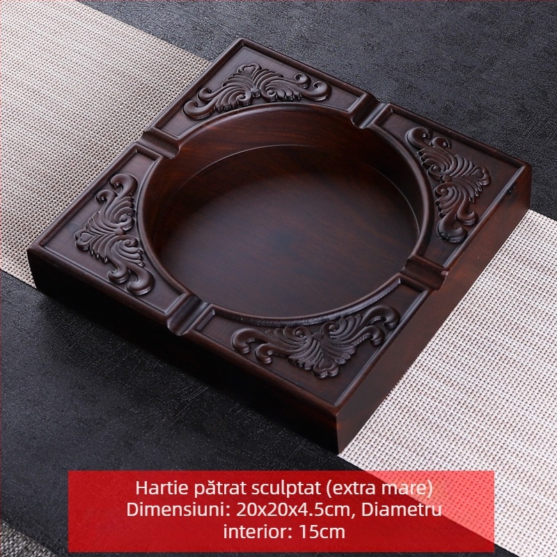 Scrumieră din lemn de abanos cu capac, lemn gravat pentru decor de living