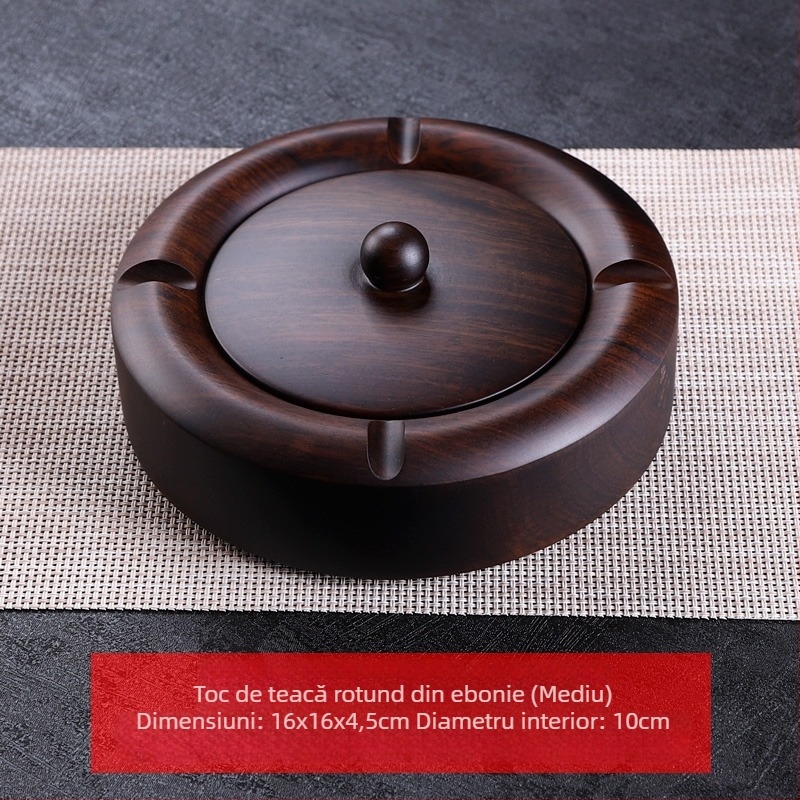 Scrumieră din lemn de abanos cu capac, lemn gravat pentru decor de living