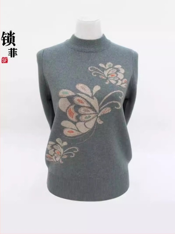 Pulover din lână pentru femei, cu guler semi-înalt, croială lejeră, broderie florală, mâneci lungi