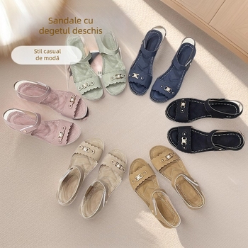Sandale de damă cu o singură curea, cataramă metalică, vârf deschis, PU partea superioară, talpă din cauciuc, închidere Velcro, stil casual de vară