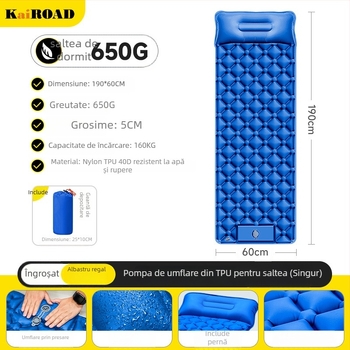 Saltea gonflabilă pentru camping – ultra ușoară, portabilă și conectabilă; Material: țesătură prietenoasă cu pielea + burete cu elasticitate mare; Potrivit pentru 1–2 persoane; Greutate netă: 3000 g; Umflare automată
