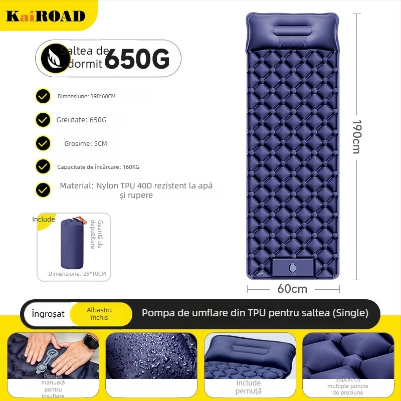 Saltea gonflabilă pentru camping – ultra ușoară, portabilă și conectabilă; Material: țesătură prietenoasă cu pielea + burete cu elasticitate mare; Potrivit pentru 1–2 persoane; Greutate netă: 3000 g; Umflare automată