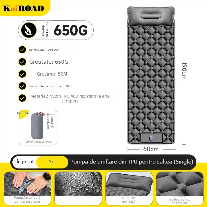 Saltea gonflabilă pentru camping – ultra ușoară, portabilă și conectabilă; Material: țesătură prietenoasă cu pielea + burete cu elasticitate mare; Potrivit pentru 1–2 persoane; Greutate netă: 3000 g; Umflare automată