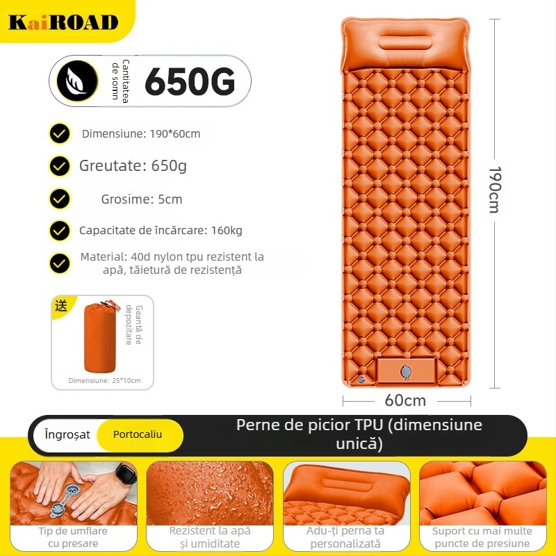 Saltea gonflabilă pentru camping – ultra ușoară, portabilă și conectabilă; Material: țesătură prietenoasă cu pielea + burete cu elasticitate mare; Potrivit pentru 1–2 persoane; Greutate netă: 3000 g; Umflare automată