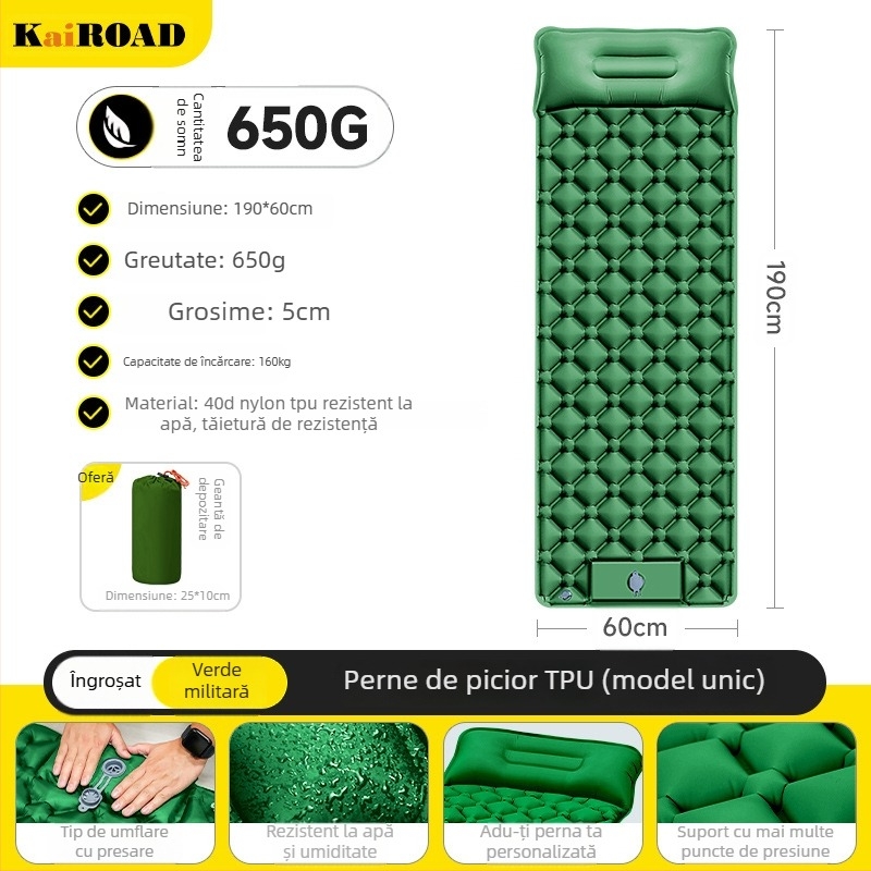 Saltea gonflabilă pentru camping – ultra ușoară, portabilă și conectabilă; Material: țesătură prietenoasă cu pielea + burete cu elasticitate mare; Potrivit pentru 1–2 persoane; Greutate netă: 3000 g; Umflare automată