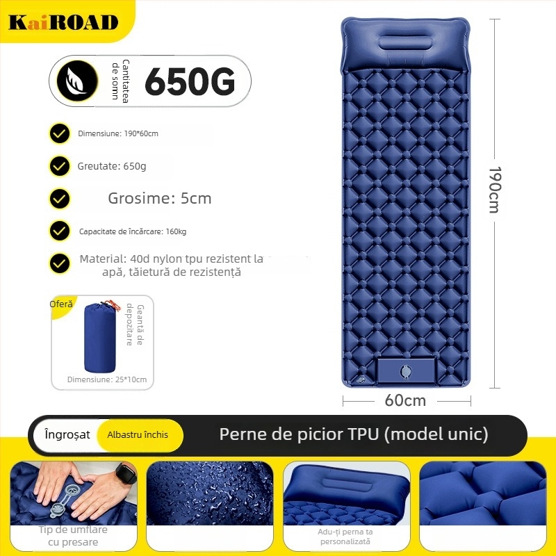 Saltea gonflabilă pentru camping – ultra ușoară, portabilă și conectabilă; Material: țesătură prietenoasă cu pielea + burete cu elasticitate mare; Potrivit pentru 1–2 persoane; Greutate netă: 3000 g; Umflare automată