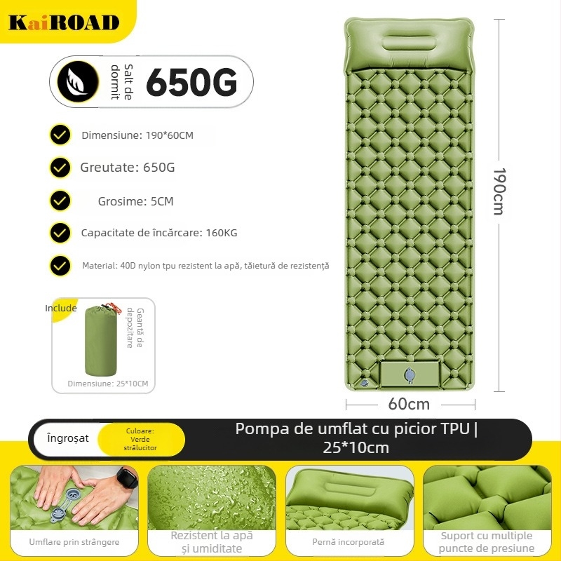 Saltea gonflabilă pentru camping – ultra ușoară, portabilă și conectabilă; Material: țesătură prietenoasă cu pielea + burete cu elasticitate mare; Potrivit pentru 1–2 persoane; Greutate netă: 3000 g; Umflare automată