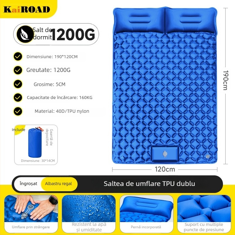 Saltea gonflabilă pentru camping – ultra ușoară, portabilă și conectabilă; Material: țesătură prietenoasă cu pielea + burete cu elasticitate mare; Potrivit pentru 1–2 persoane; Greutate netă: 3000 g; Umflare automată