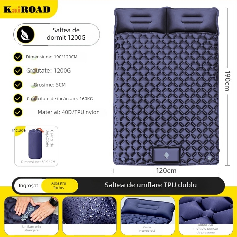 Saltea gonflabilă pentru camping – ultra ușoară, portabilă și conectabilă; Material: țesătură prietenoasă cu pielea + burete cu elasticitate mare; Potrivit pentru 1–2 persoane; Greutate netă: 3000 g; Umflare automată