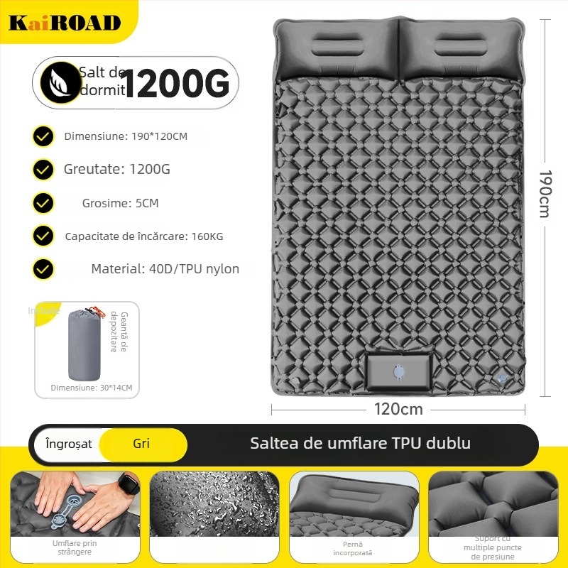 Saltea gonflabilă pentru camping – ultra ușoară, portabilă și conectabilă; Material: țesătură prietenoasă cu pielea + burete cu elasticitate mare; Potrivit pentru 1–2 persoane; Greutate netă: 3000 g; Umflare automată