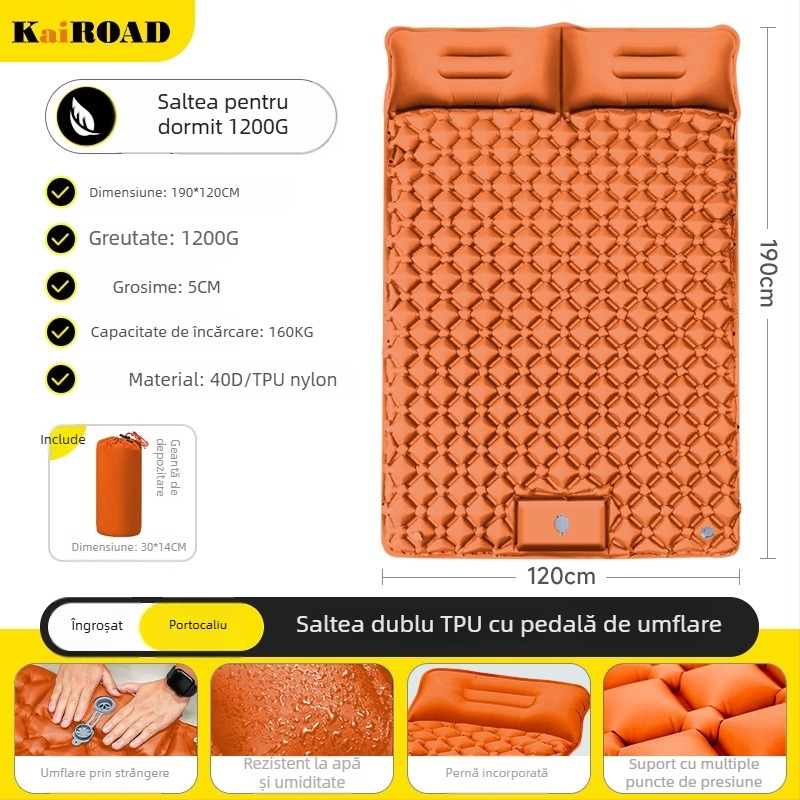 Saltea gonflabilă pentru camping – ultra ușoară, portabilă și conectabilă; Material: țesătură prietenoasă cu pielea + burete cu elasticitate mare; Potrivit pentru 1–2 persoane; Greutate netă: 3000 g; Umflare automată