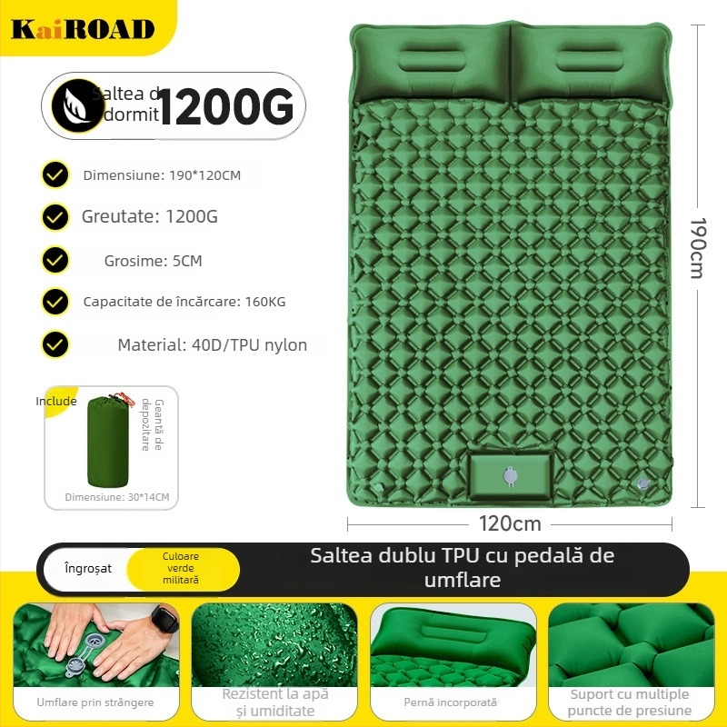 Saltea gonflabilă pentru camping – ultra ușoară, portabilă și conectabilă; Material: țesătură prietenoasă cu pielea + burete cu elasticitate mare; Potrivit pentru 1–2 persoane; Greutate netă: 3000 g; Umflare automată