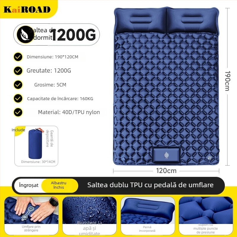 Saltea gonflabilă pentru camping – ultra ușoară, portabilă și conectabilă; Material: țesătură prietenoasă cu pielea + burete cu elasticitate mare; Potrivit pentru 1–2 persoane; Greutate netă: 3000 g; Umflare automată