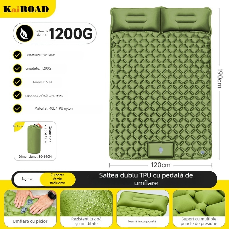 Saltea gonflabilă pentru camping – ultra ușoară, portabilă și conectabilă; Material: țesătură prietenoasă cu pielea + burete cu elasticitate mare; Potrivit pentru 1–2 persoane; Greutate netă: 3000 g; Umflare automată