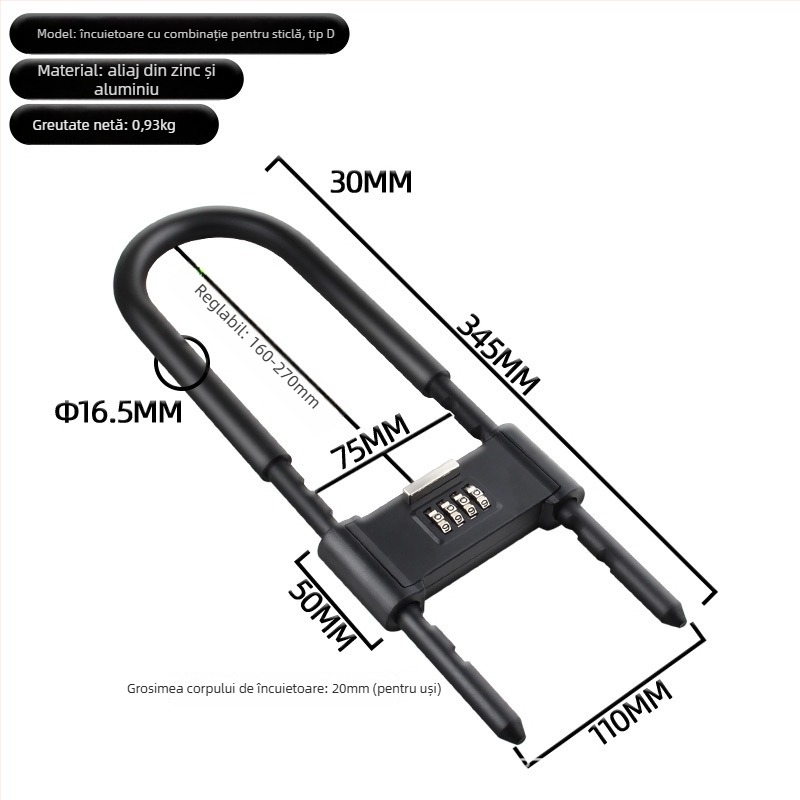 Anbond Încuietoare în formă de U cu parolă pentru uși din sticlă și culisante, Model L-ks01, Material: fier, zinc, carcasă din PVC cu piele