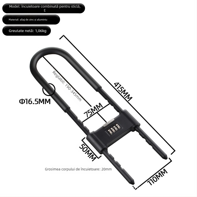 Anbond Încuietoare în formă de U cu parolă pentru uși din sticlă și culisante, Model L-ks01, Material: fier, zinc, carcasă din PVC cu piele