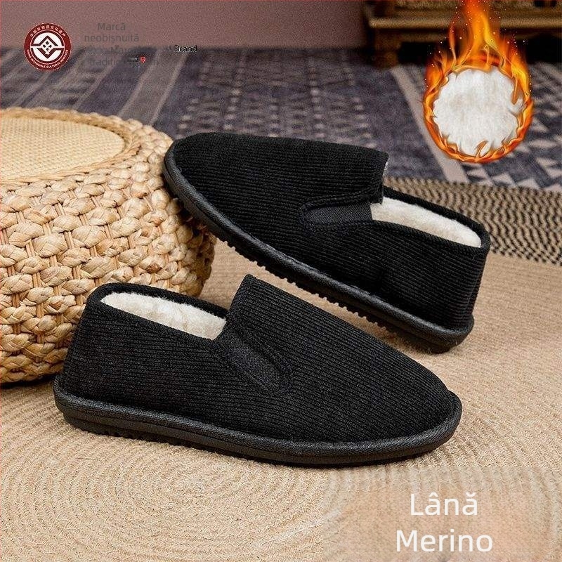 Pantofi de iarnă din stofă, cu căptușeală de lână, vârf rotund, partea superioară din pluș artificial, talpă din cauciuc spumos, toc mic, antiaderent