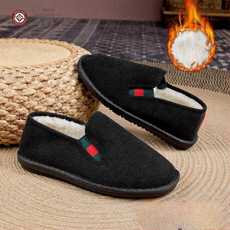 Pantofi de iarnă din stofă, cu căptușeală de lână, vârf rotund, partea superioară din pluș artificial, talpă din cauciuc spumos, toc mic, antiaderent