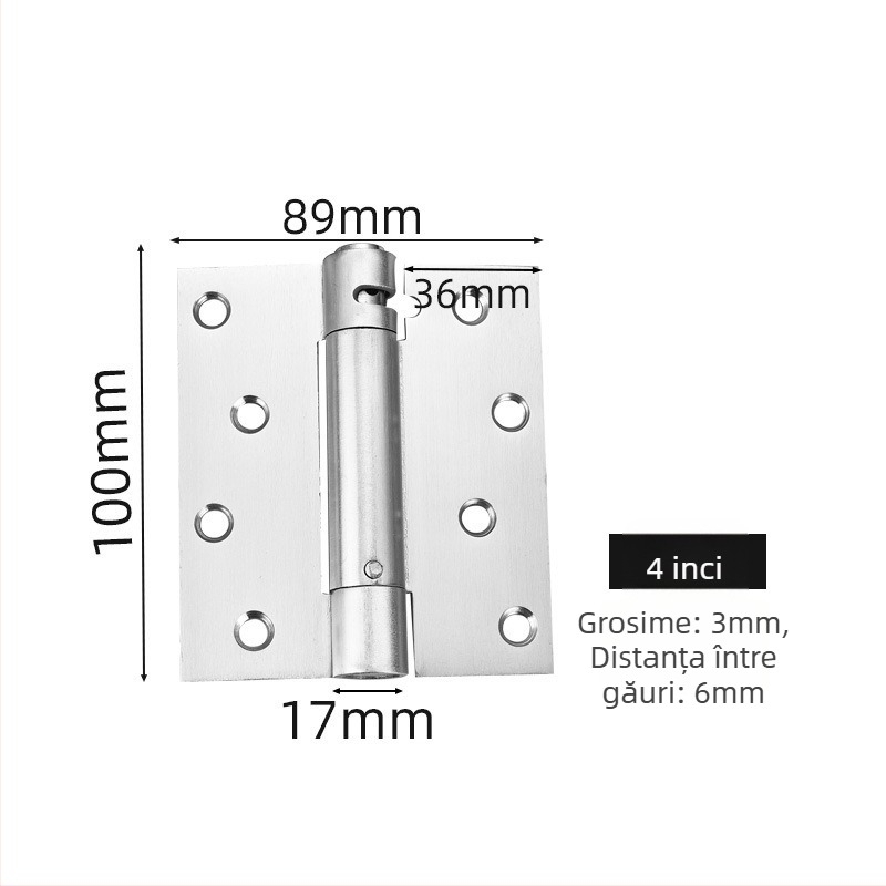 Balama cu arc, din oțel inoxidabil, finisaj periat, deschidere bidirecțională, închidere automată