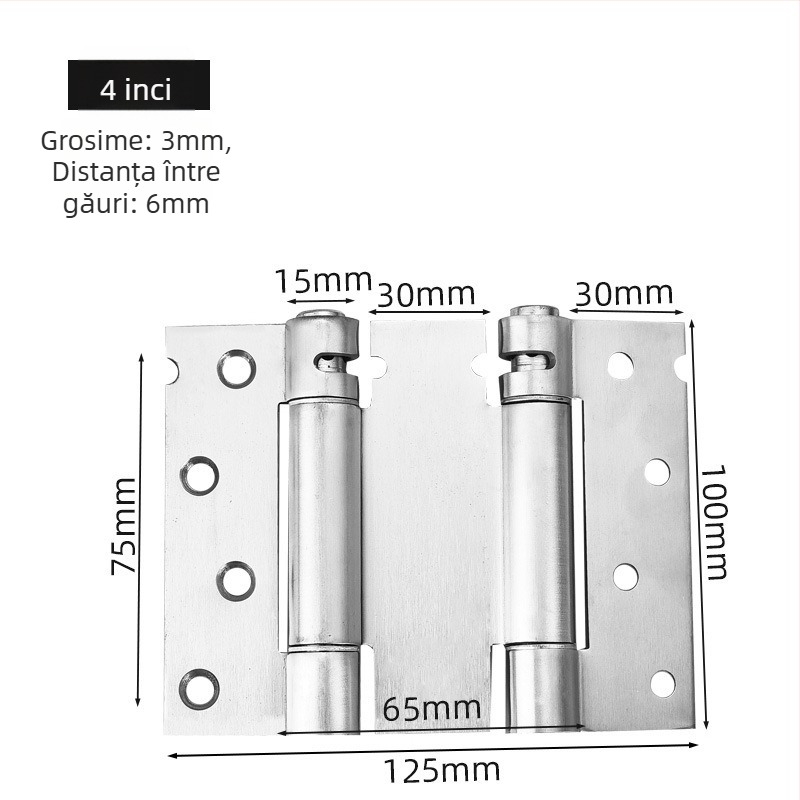 Balama cu arc, din oțel inoxidabil, finisaj periat, deschidere bidirecțională, închidere automată